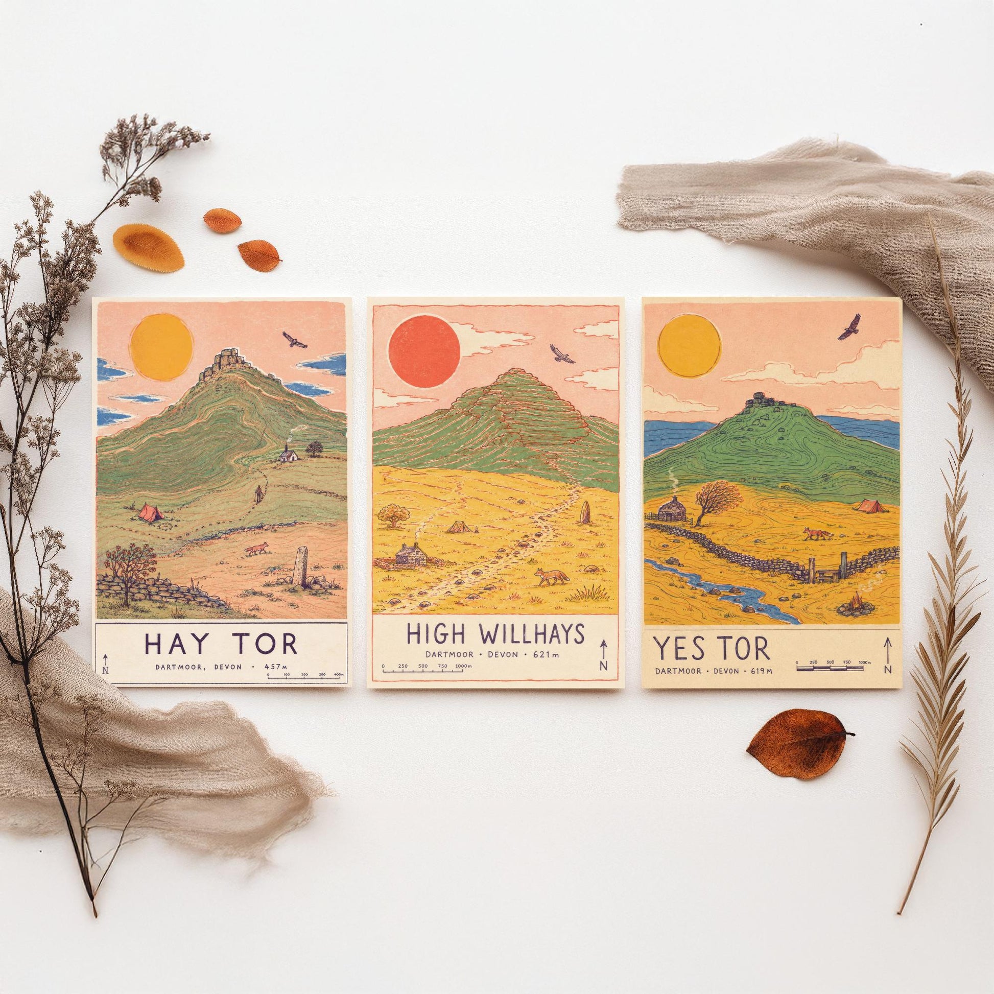 Dartmoor Set of Three Travel Posters - Hay Tor, High Willhays, Yes Tor - Devon Art Print Illustration Gift Hiking Decor