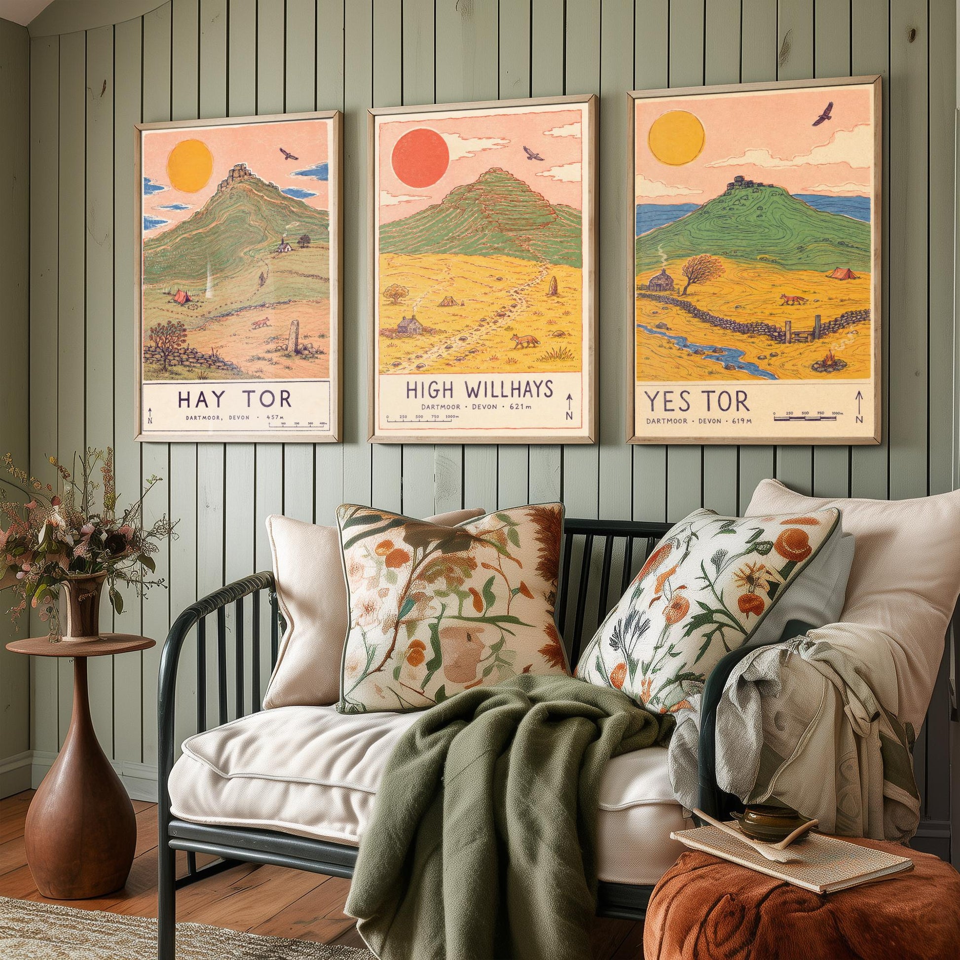 Dartmoor Set of Three Travel Posters - Hay Tor, High Willhays, Yes Tor - Devon Art Print Illustration Gift Hiking Decor