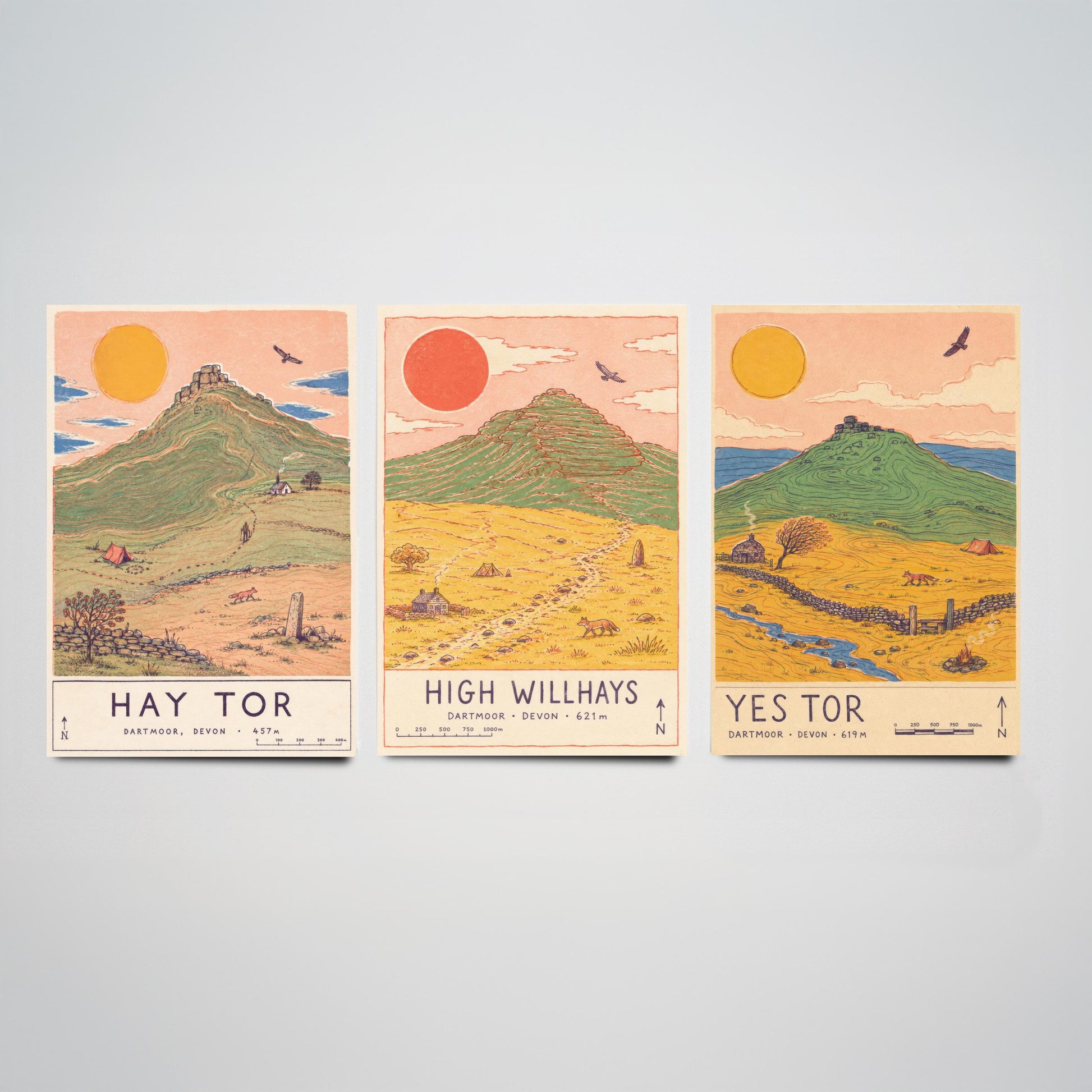 Dartmoor Set of Three Travel Posters - Hay Tor, High Willhays, Yes Tor - Devon Art Print Illustration Gift Hiking Decor