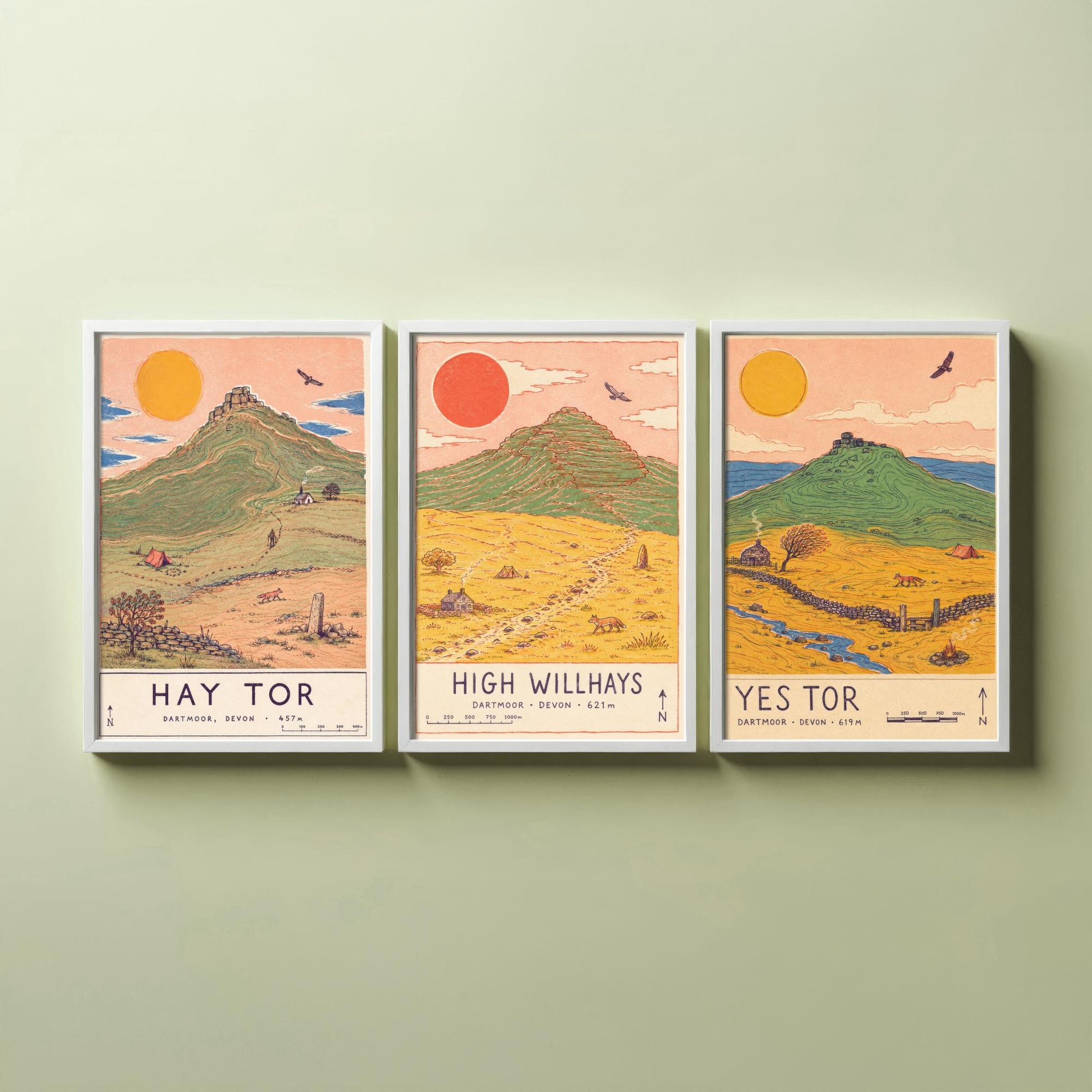 Dartmoor Set of Three Travel Posters - Hay Tor, High Willhays, Yes Tor - Devon Art Print Illustration Gift Hiking Decor