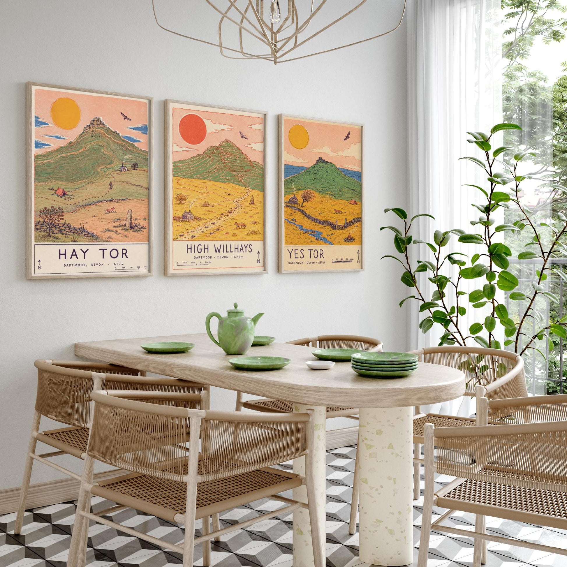Dartmoor Set of Three Travel Posters - Hay Tor, High Willhays, Yes Tor - Devon Art Print Illustration Gift Hiking Decor