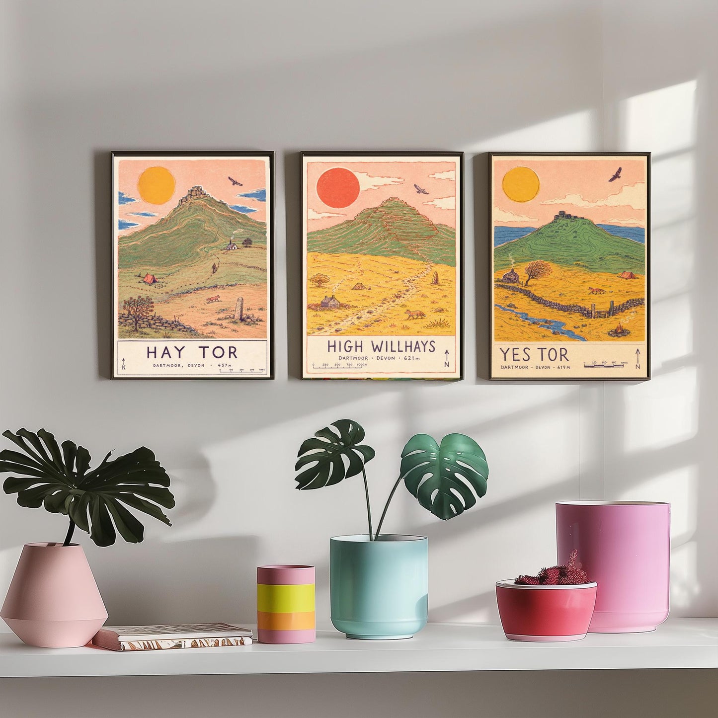 Dartmoor Set of Three Travel Posters - Hay Tor, High Willhays, Yes Tor - Devon Art Print Illustration Gift Hiking Decor