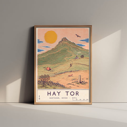 Hay Tor Travel Poster - Dartmoor Devon Art Print - Vintage Map Illustration - Tor Hiking Landscape 1/3