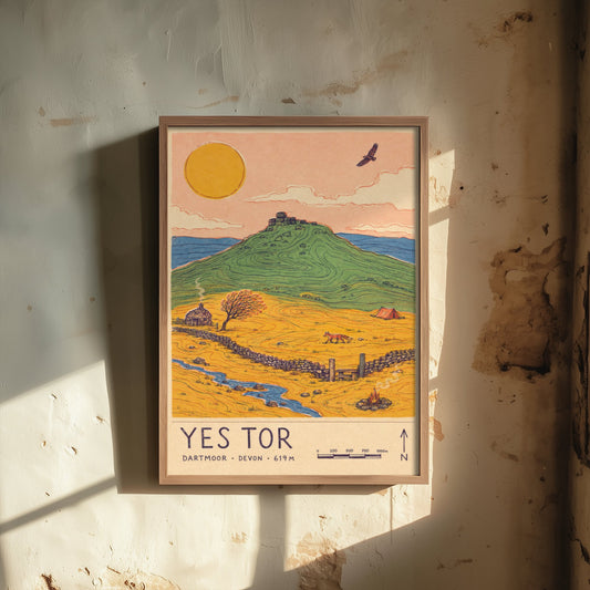 Yes Tor Travel Poster - Dartmoor Devon Art Print - Vintage Map Illustration - Moorland Tor Landscape 3/3