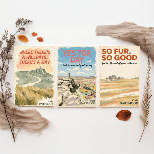 Dartmoor Tors Set of Three Art Prints - High Willhays, Yes Tor, Fur Tor - Funny Vintage Travel Posters - Devon Moorland Painting