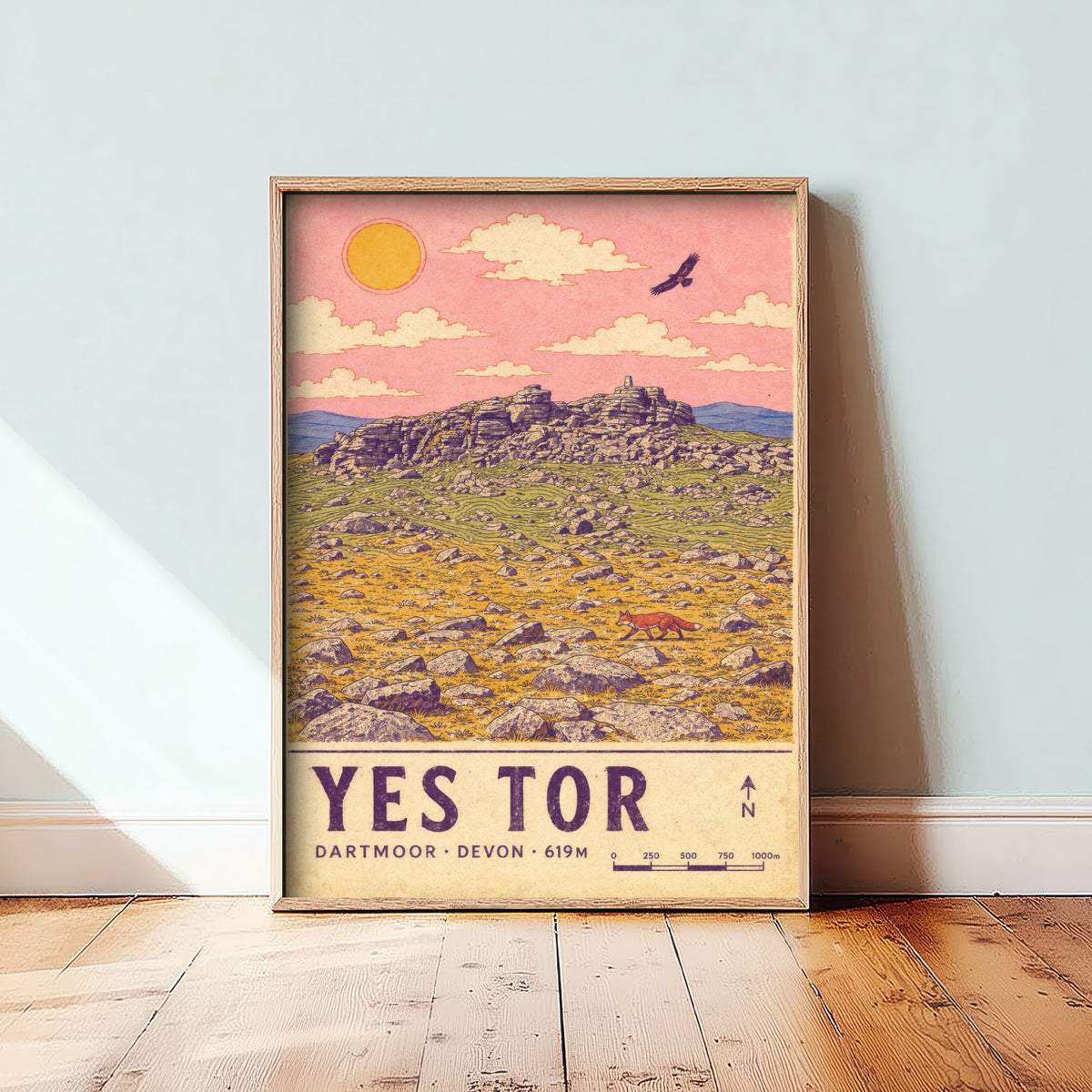 Yes Tor Dartmoor Travel Poster - Devon Map Style Art Print - Moorland Fox and Buzzard Illustration V2 1/3