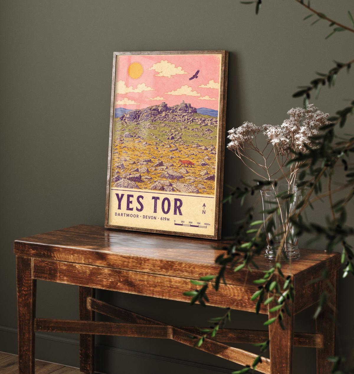 Yes Tor Dartmoor Travel Poster - Devon Map Style Art Print - Moorland Fox and Buzzard Illustration V2 1/3