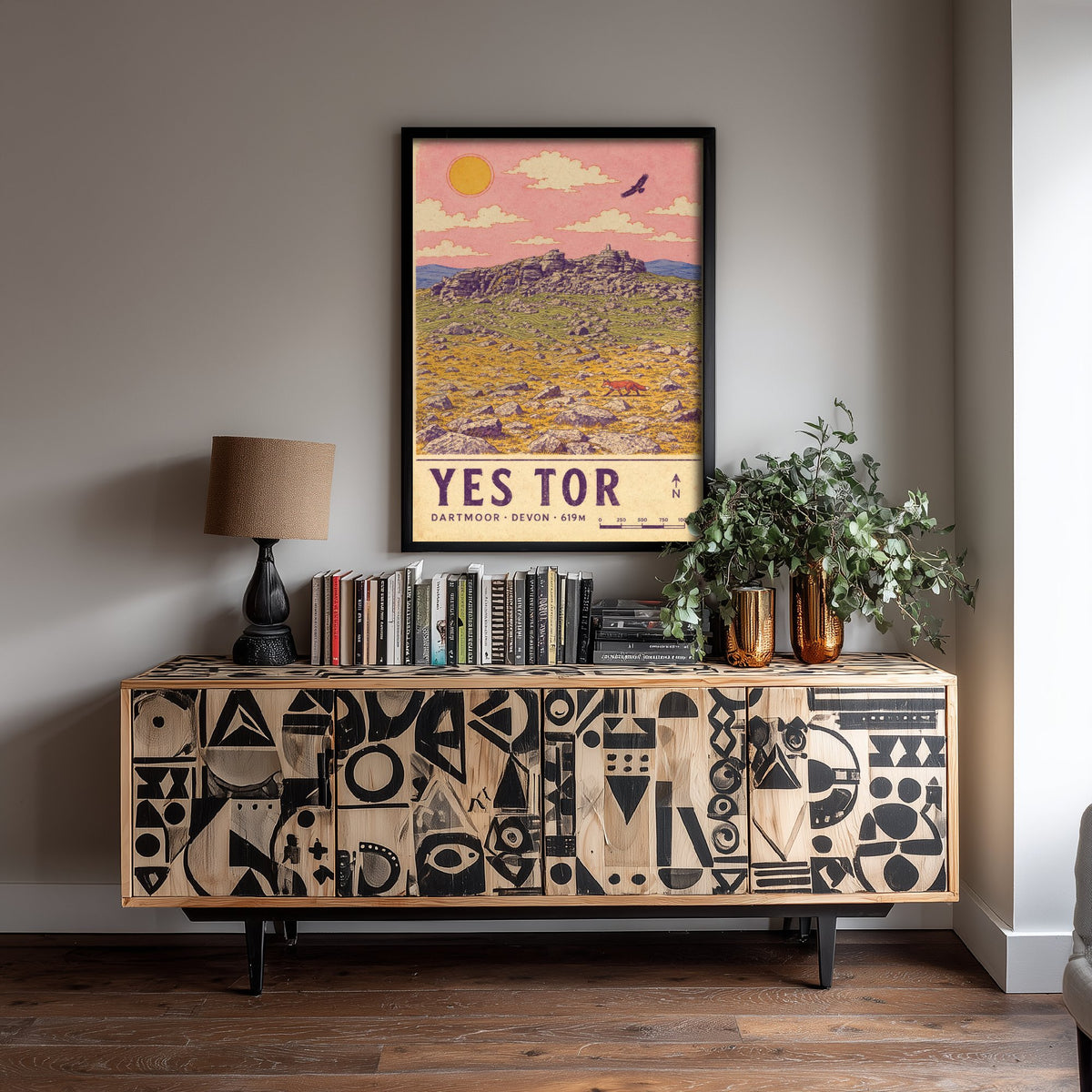 Yes Tor Dartmoor Travel Poster - Devon Map Style Art Print - Moorland Fox and Buzzard Illustration V2 1/3