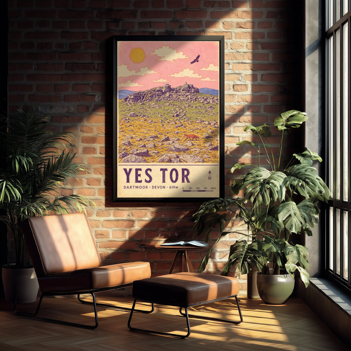 Yes Tor Dartmoor Travel Poster - Devon Map Style Art Print - Moorland Fox and Buzzard Illustration V2 1/3