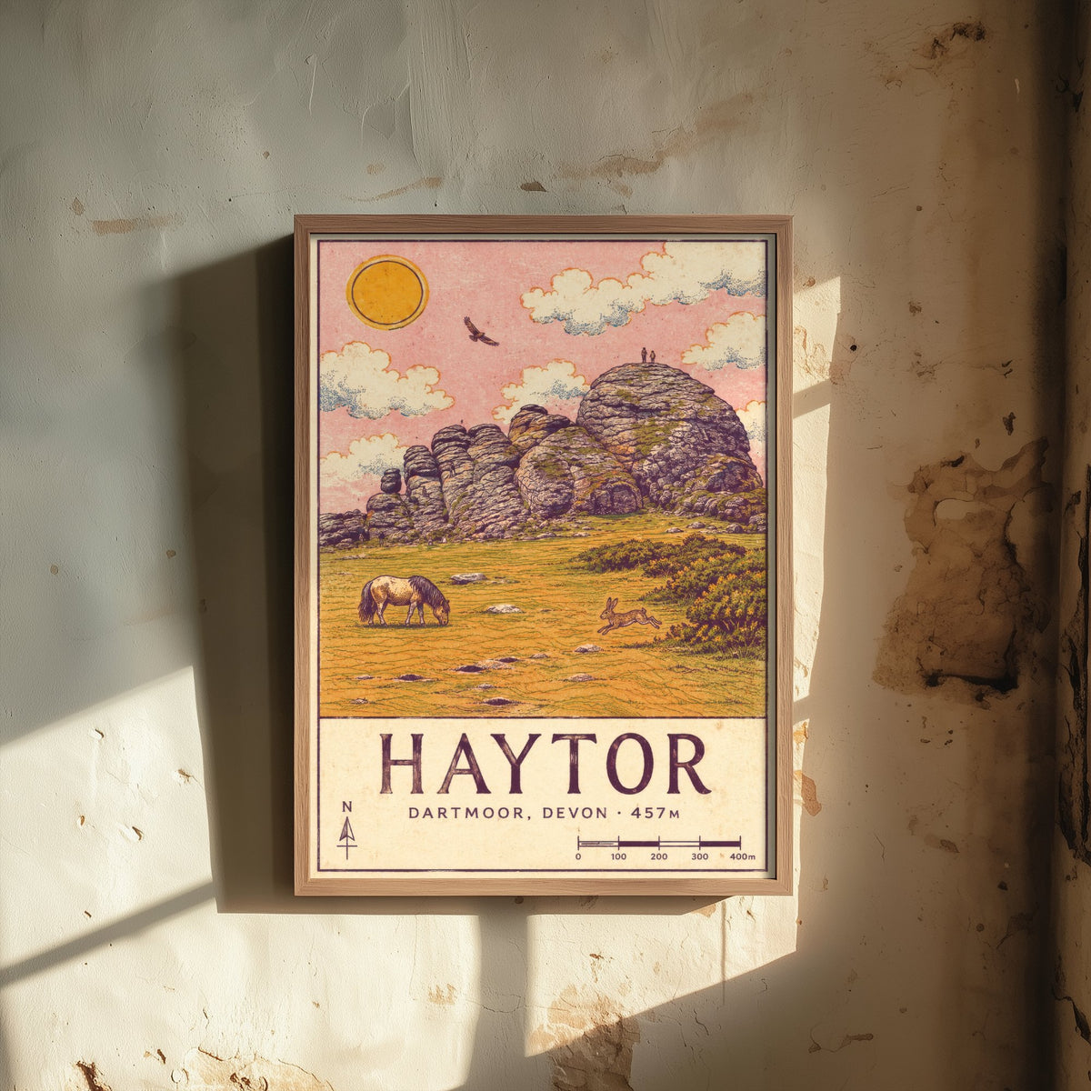 Haytor Dartmoor Travel Poster - Devon Map Style Art Print - Wild Pony and Hare Moor Illustration V2 2/3