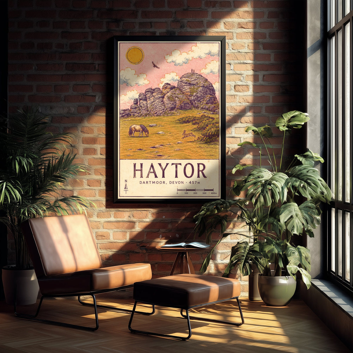 Haytor Dartmoor Travel Poster - Devon Map Style Art Print - Wild Pony and Hare Moor Illustration V2 2/3