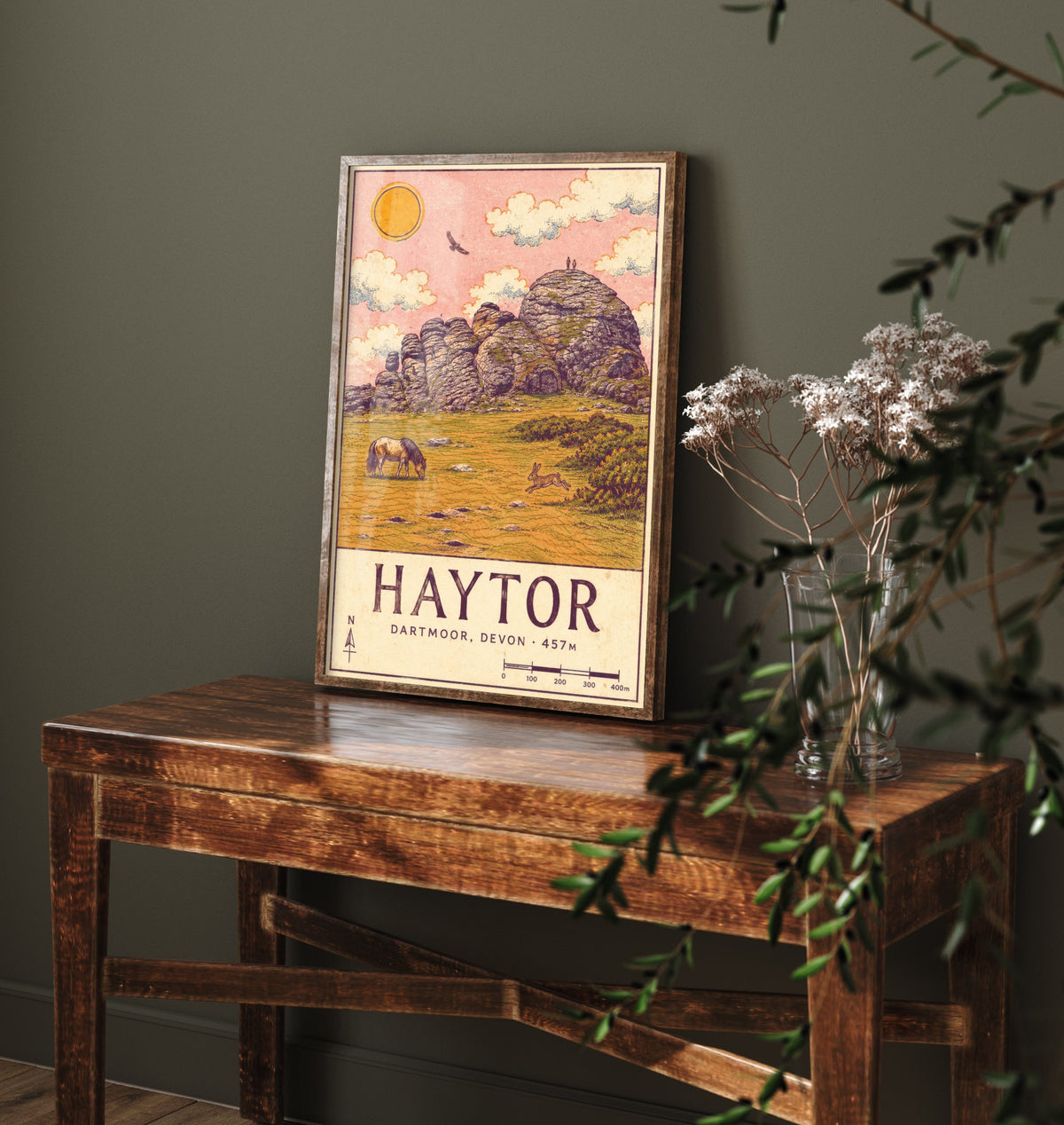 Haytor Dartmoor Travel Poster - Devon Map Style Art Print - Wild Pony and Hare Moor Illustration V2 2/3