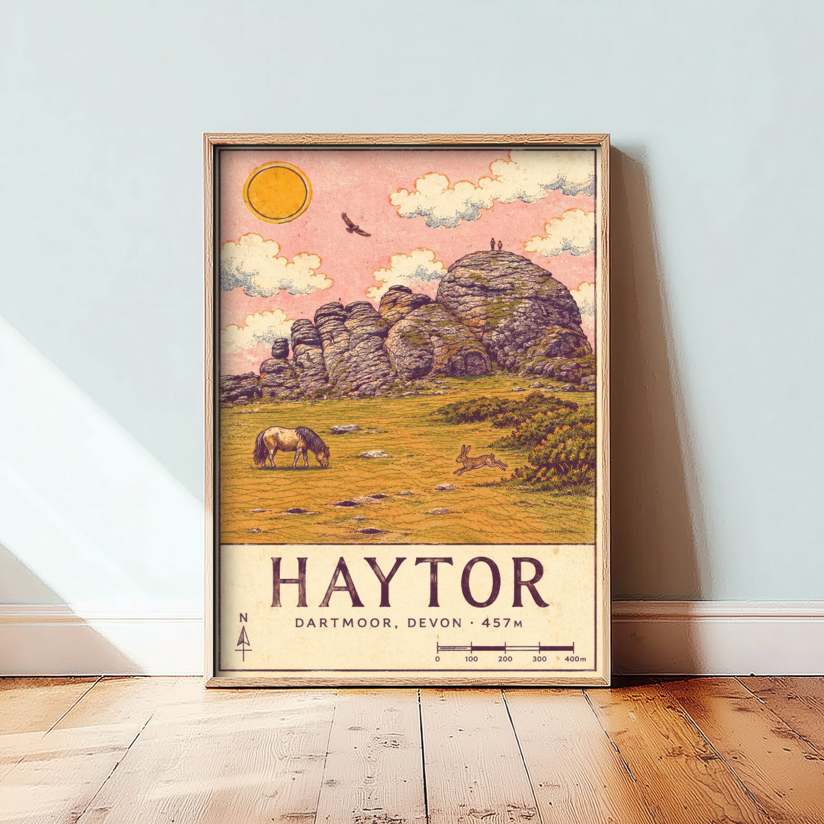 Haytor Dartmoor Travel Poster - Devon Map Style Art Print - Wild Pony and Hare Moor Illustration V2 2/3