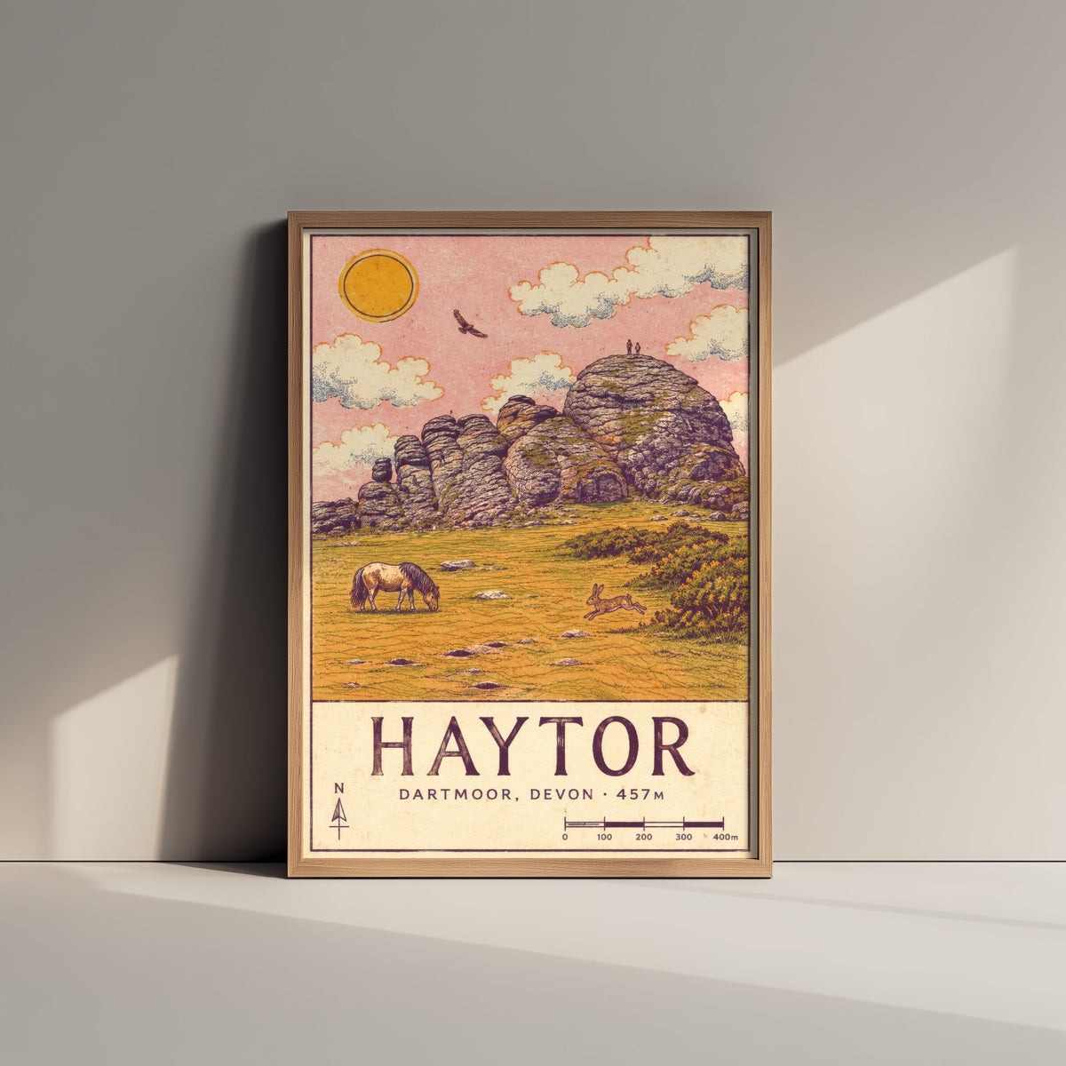 Haytor Dartmoor Travel Poster - Devon Map Style Art Print - Wild Pony and Hare Moor Illustration V2 2/3