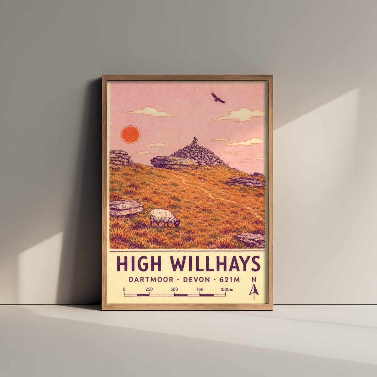 High Willhays Dartmoor Travel Poster - Devon Map Style Art Print - Highest Tor Summit Cairn Illustration V2 3/3