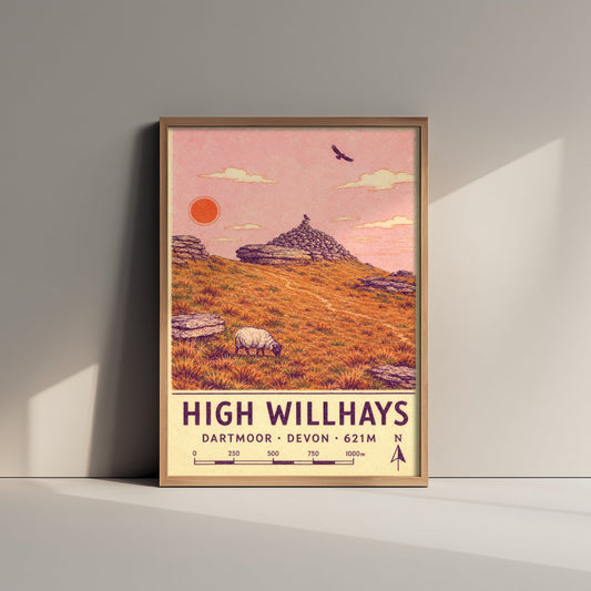 High Willhays Dartmoor Travel Poster - Devon Map Style Art Print - Highest Tor Summit Cairn Illustration V2 3/3