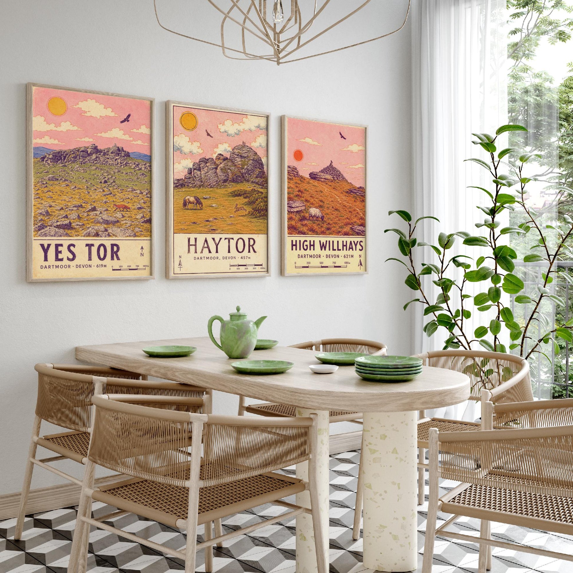 Dartmoor National Park Set of Three Art Prints - Yes Tor, Haytor, High Willhays - Pink Sky Moorland Travel Posters Illustration V2