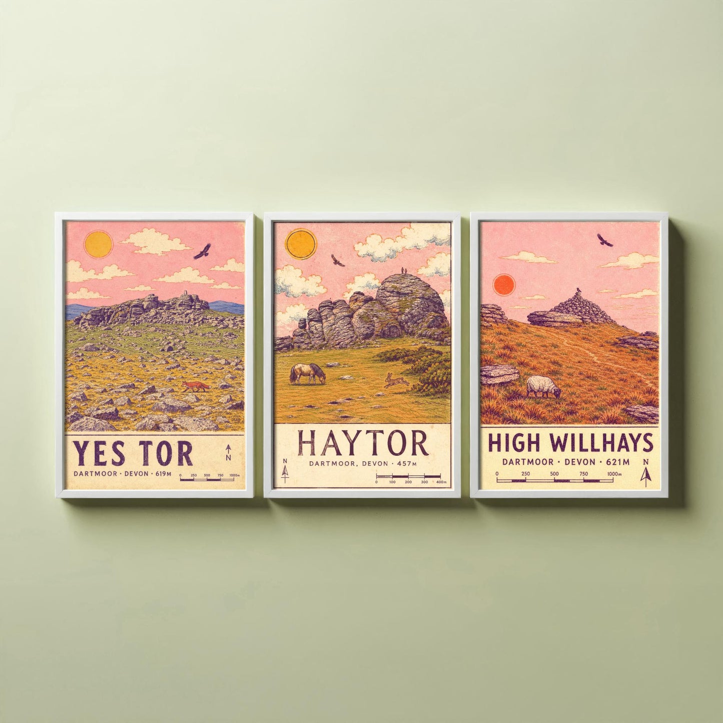 Dartmoor National Park Set of Three Art Prints - Yes Tor, Haytor, High Willhays - Pink Sky Moorland Travel Posters Illustration V2