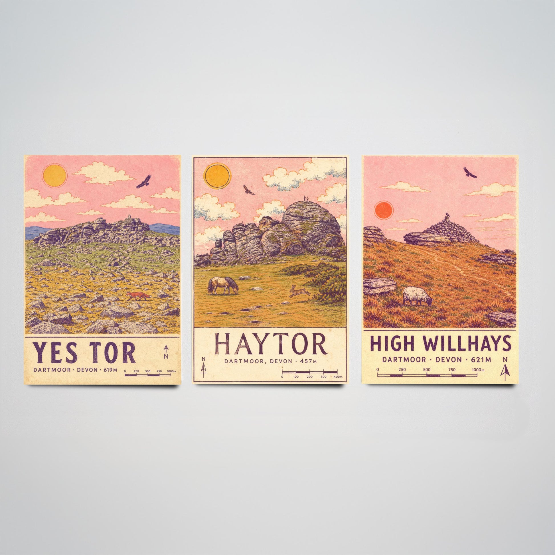 Dartmoor National Park Set of Three Art Prints - Yes Tor, Haytor, High Willhays - Pink Sky Moorland Travel Posters Illustration V2