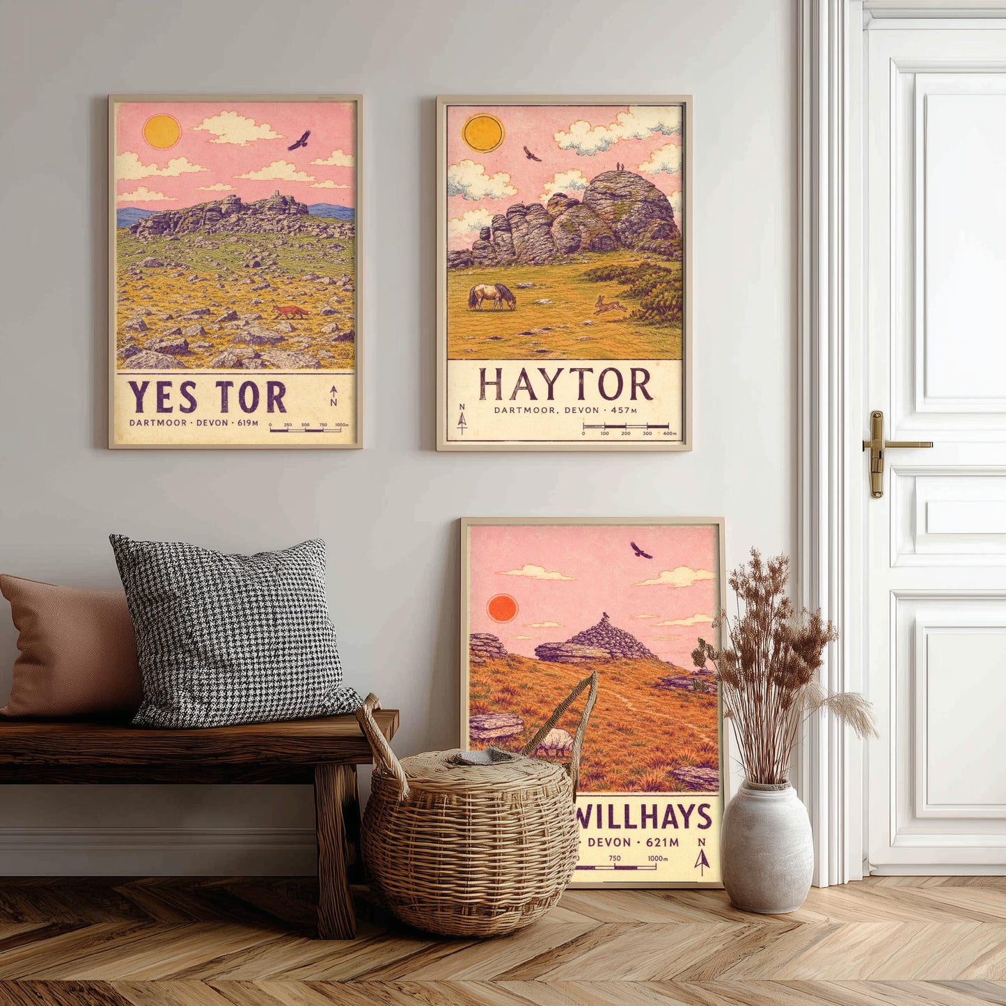 Dartmoor National Park Set of Three Art Prints - Yes Tor, Haytor, High Willhays - Pink Sky Moorland Travel Posters Illustration V2