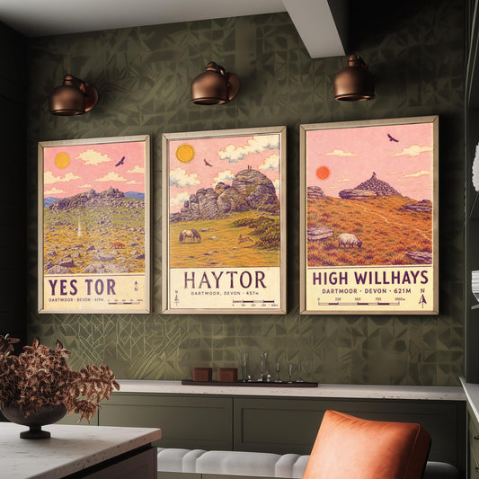 Dartmoor National Park Set of Three Art Prints - Yes Tor, Haytor, High Willhays - Pink Sky Moorland Travel Posters Illustration V2