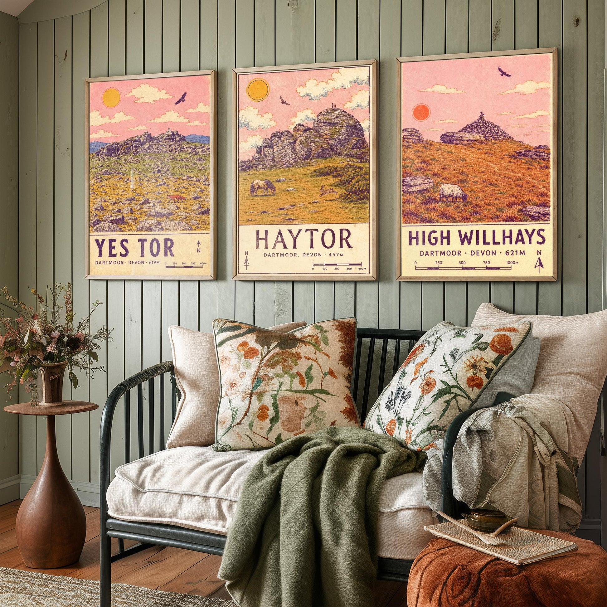 Dartmoor National Park Set of Three Art Prints - Yes Tor, Haytor, High Willhays - Pink Sky Moorland Travel Posters Illustration V2