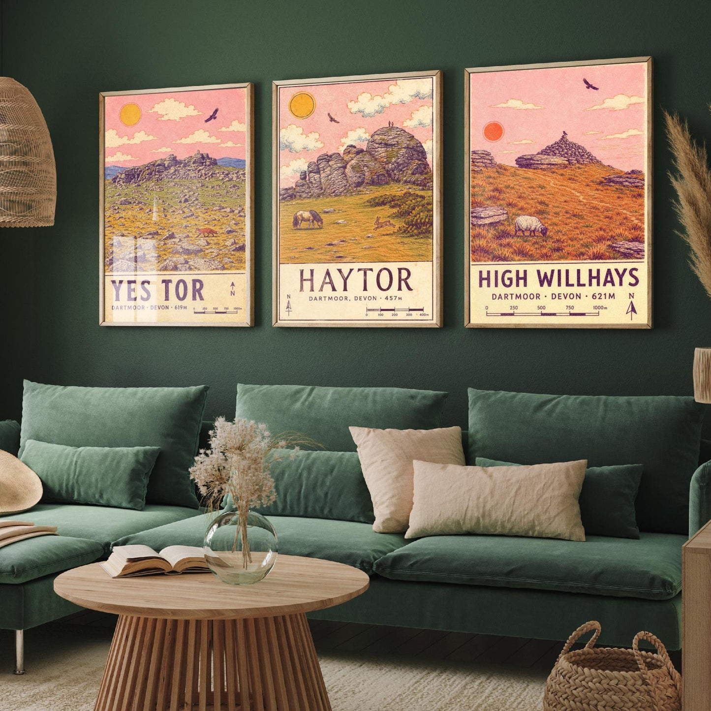 Dartmoor National Park Set of Three Art Prints - Yes Tor, Haytor, High Willhays - Pink Sky Moorland Travel Posters Illustration V2