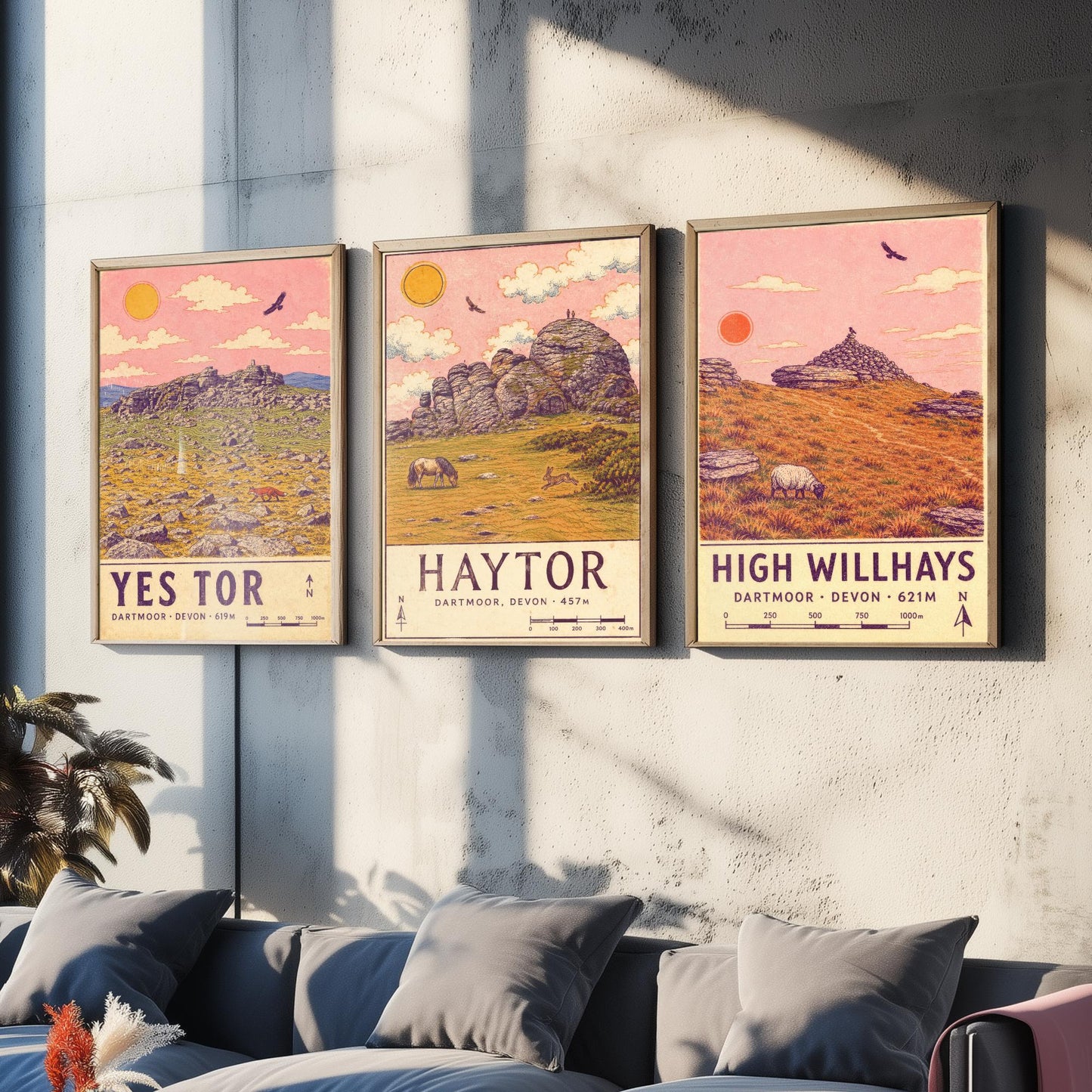 Dartmoor National Park Set of Three Art Prints - Yes Tor, Haytor, High Willhays - Pink Sky Moorland Travel Posters Illustration V2