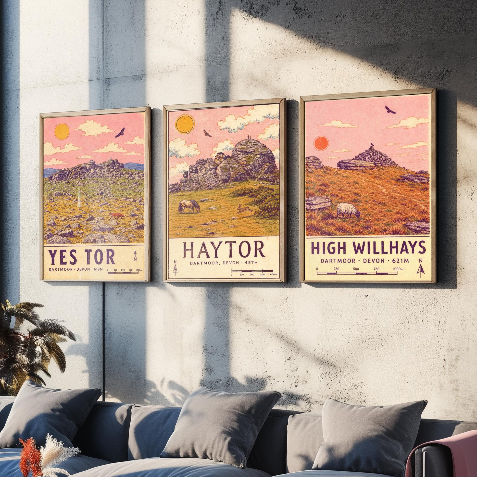 Dartmoor National Park Set of Three Art Prints - Yes Tor, Haytor, High Willhays - Pink Sky Moorland Travel Posters Illustration V2