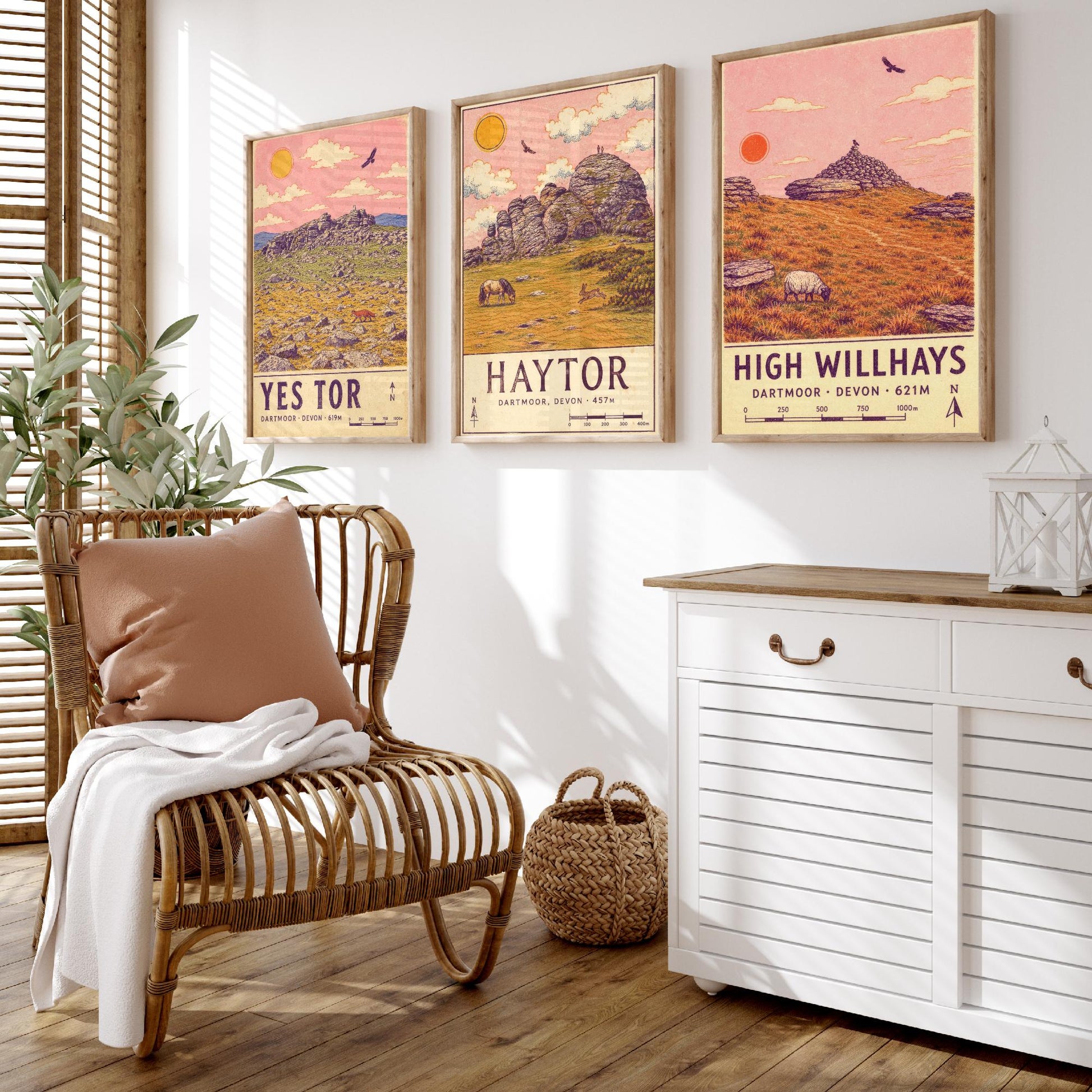 Dartmoor National Park Set of Three Art Prints - Yes Tor, Haytor, High Willhays - Pink Sky Moorland Travel Posters Illustration V2