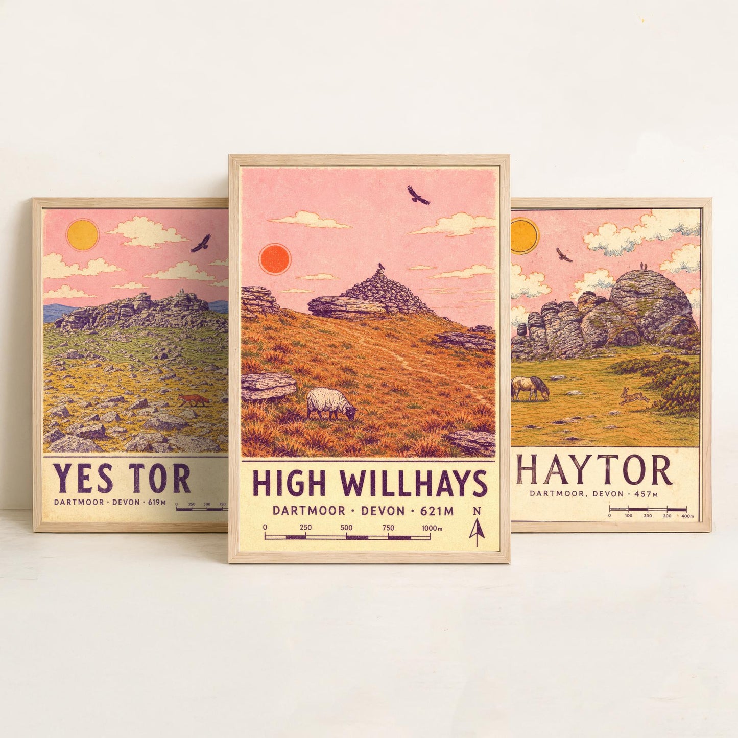 Dartmoor National Park Set of Three Art Prints - Yes Tor, Haytor, High Willhays - Pink Sky Moorland Travel Posters Illustration V2