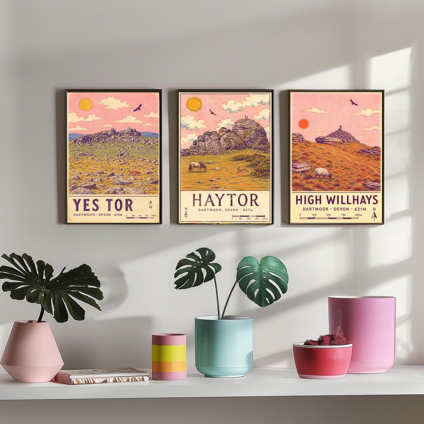 Dartmoor National Park Set of Three Art Prints - Yes Tor, Haytor, High Willhays - Pink Sky Moorland Travel Posters Illustration V2