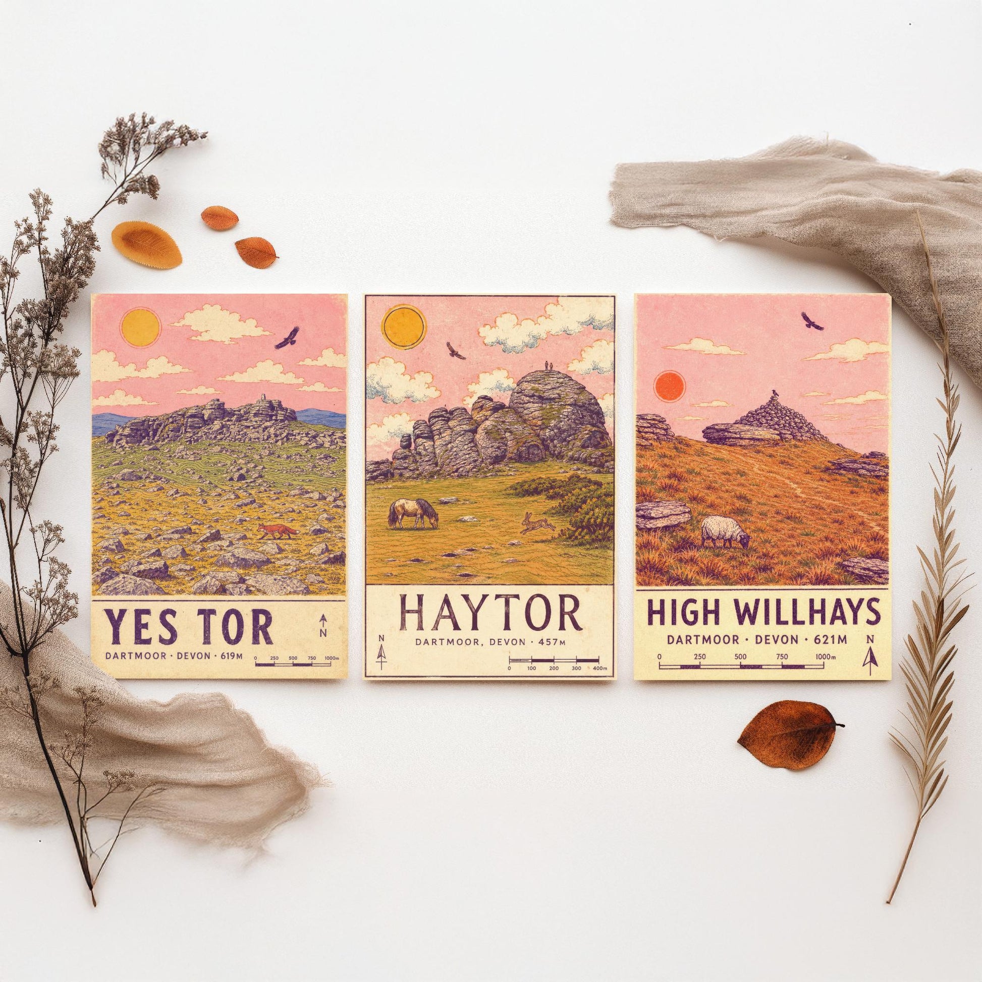 Dartmoor National Park Set of Three Art Prints - Yes Tor, Haytor, High Willhays - Pink Sky Moorland Travel Posters Illustration V2