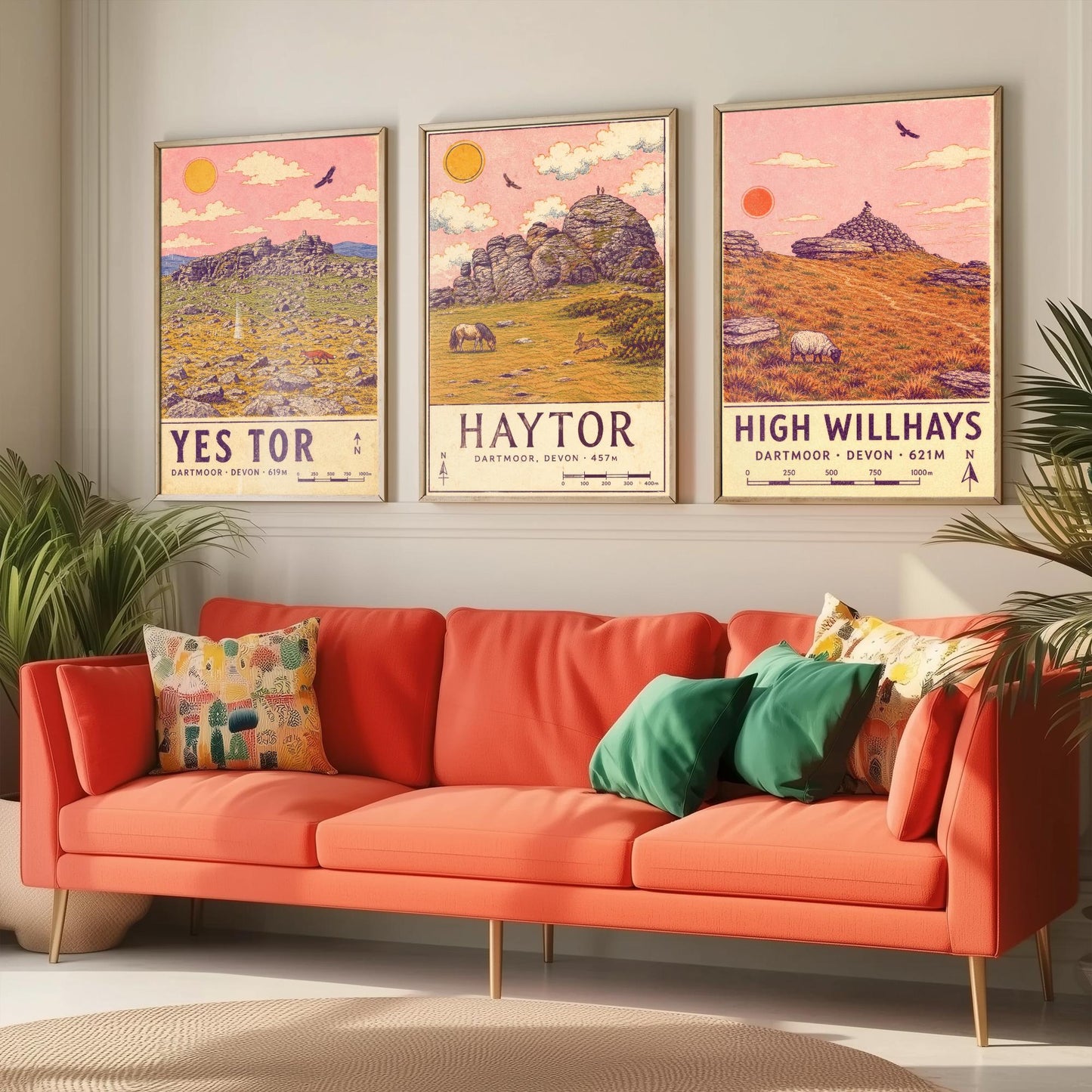 Dartmoor National Park Set of Three Art Prints - Yes Tor, Haytor, High Willhays - Pink Sky Moorland Travel Posters Illustration V2