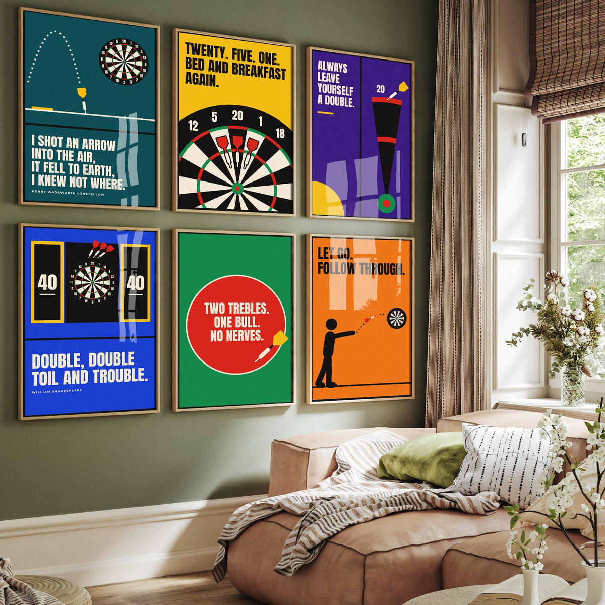 Set of Six Darts Quote Art Prints - 6 Bauhaus Pub Darts Posters - Minimalist Game Room Illustration - Dartboard, Double Top