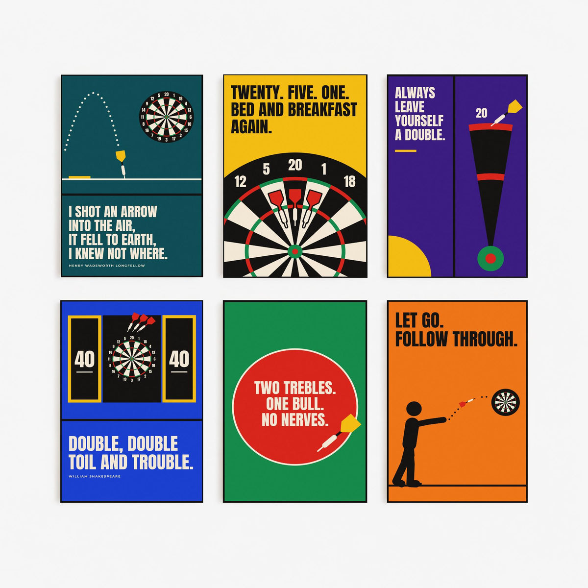 Set of Six Darts Quote Art Prints - 6 Bauhaus Pub Darts Posters - Minimalist Game Room Illustration - Dartboard, Double Top