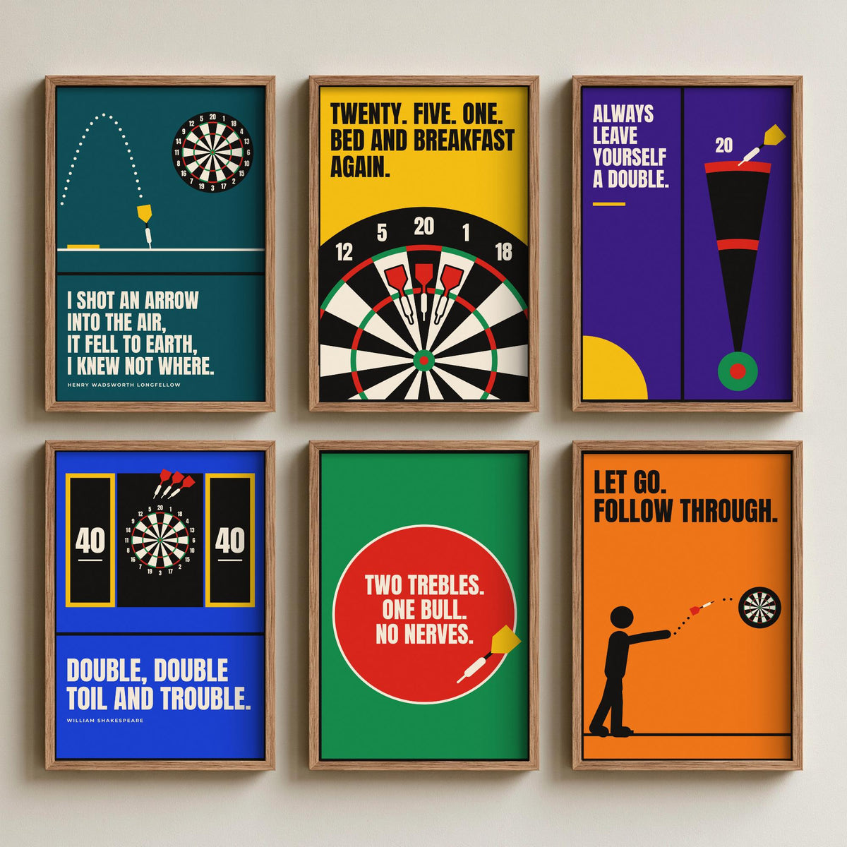 Set of Six Darts Quote Art Prints - 6 Bauhaus Pub Darts Posters - Minimalist Game Room Illustration - Dartboard, Double Top