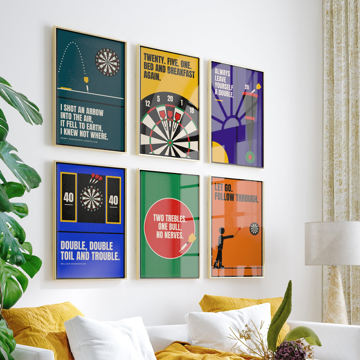 Set of Six Darts Quote Art Prints - 6 Bauhaus Pub Darts Posters - Minimalist Game Room Illustration - Dartboard, Double Top