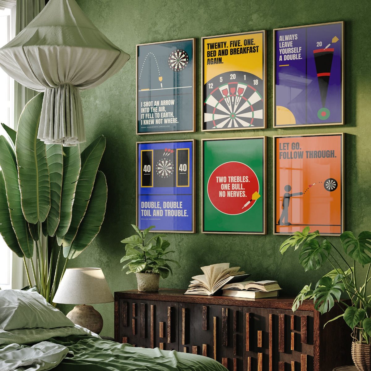 Set of Six Darts Quote Art Prints - 6 Bauhaus Pub Darts Posters - Minimalist Game Room Illustration - Dartboard, Double Top