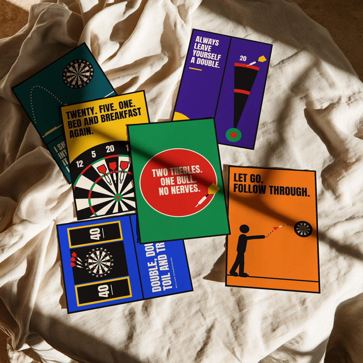 Set of Six Darts Quote Art Prints - 6 Bauhaus Pub Darts Posters - Minimalist Game Room Illustration - Dartboard, Double Top