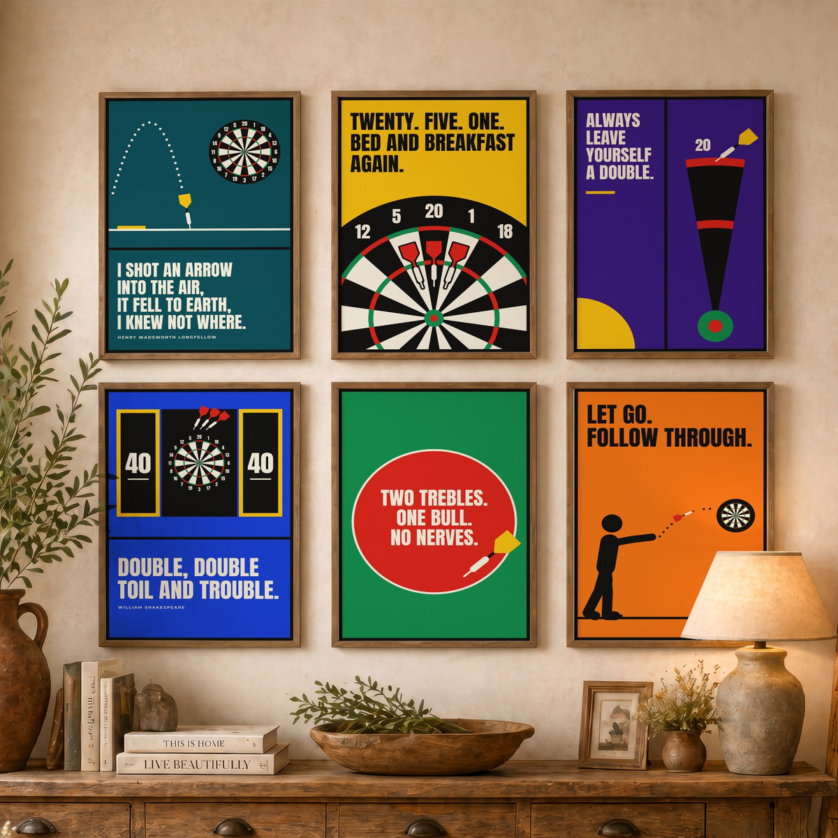 Set of Six Darts Quote Art Prints - 6 Bauhaus Pub Darts Posters - Minimalist Game Room Illustration - Dartboard, Double Top
