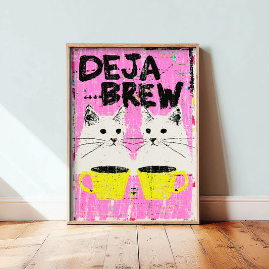 Deja Brew Art Print - Twin Cats and Coffee Mugs Poster - Hot Pink Spot Colour Illustration