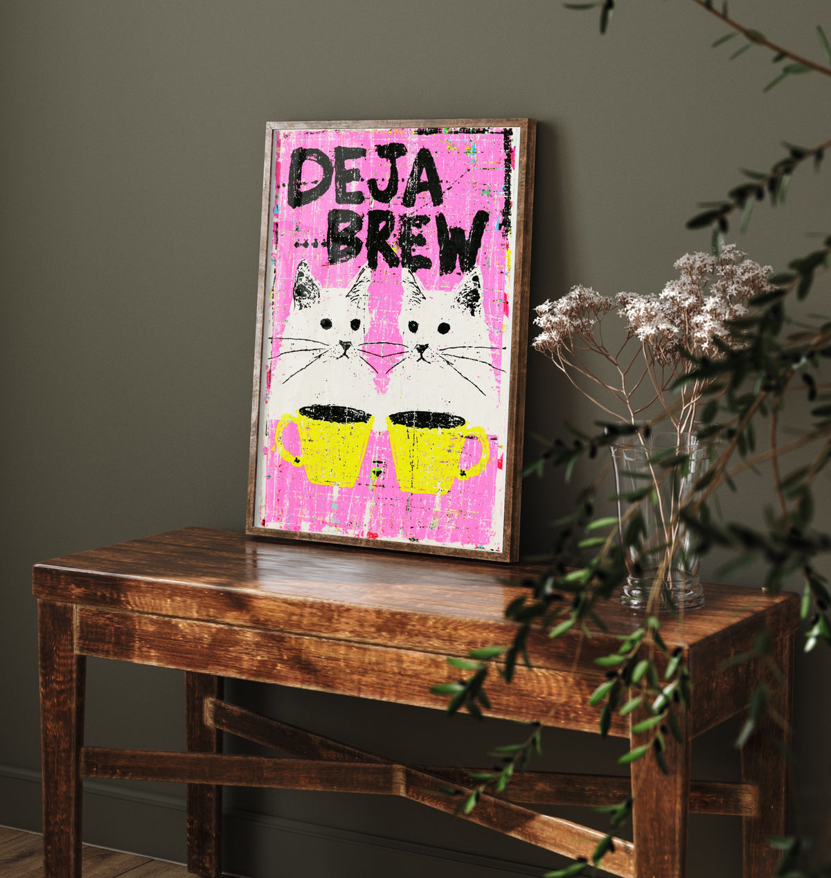 Deja Brew Art Print - Twin Cats and Coffee Mugs Poster - Hot Pink Spot Colour Illustration