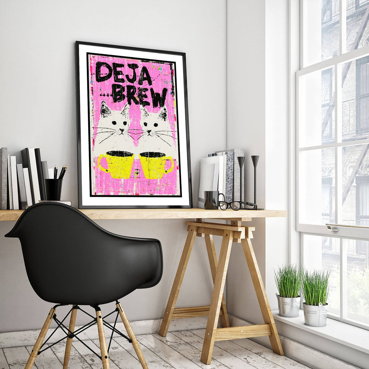 Deja Brew Art Print - Twin Cats and Coffee Mugs Poster - Hot Pink Spot Colour Illustration