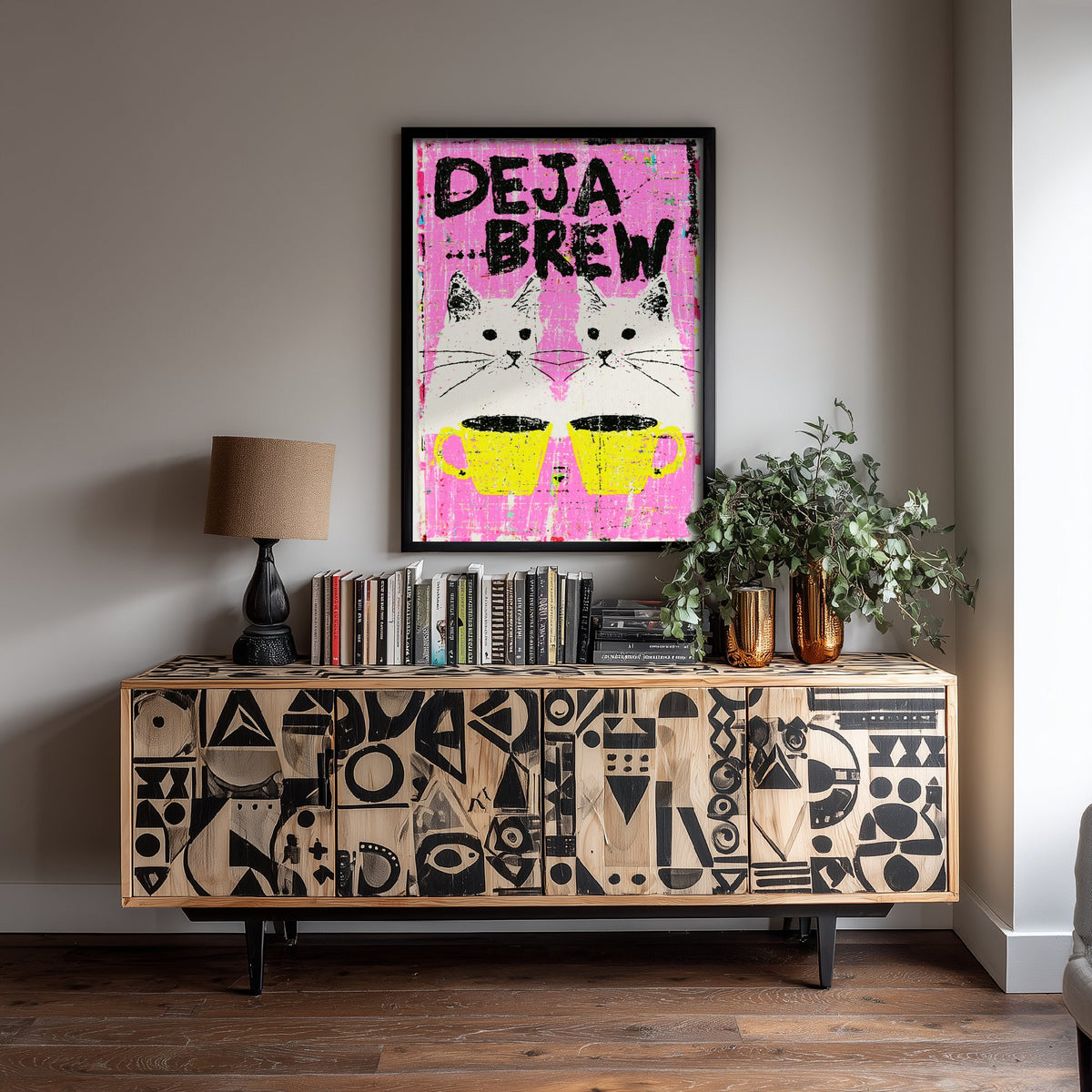 Deja Brew Art Print - Twin Cats and Coffee Mugs Poster - Hot Pink Spot Colour Illustration
