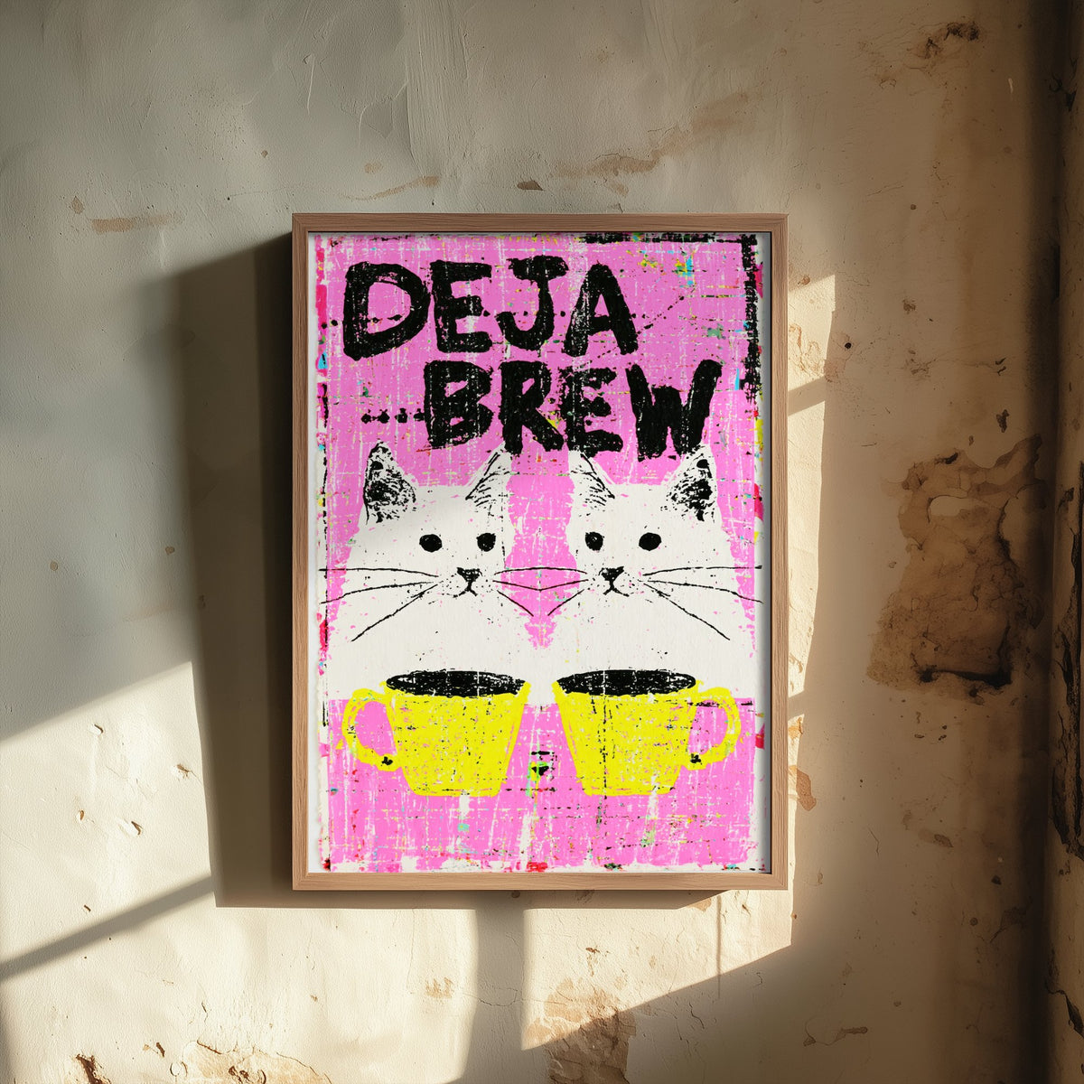 Deja Brew Art Print - Twin Cats and Coffee Mugs Poster - Hot Pink Spot Colour Illustration