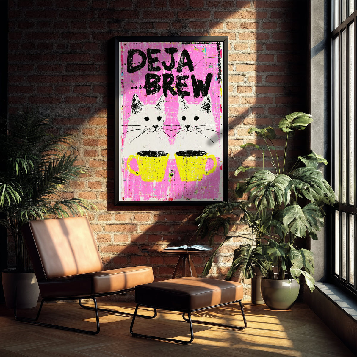 Deja Brew Art Print - Twin Cats and Coffee Mugs Poster - Hot Pink Spot Colour Illustration