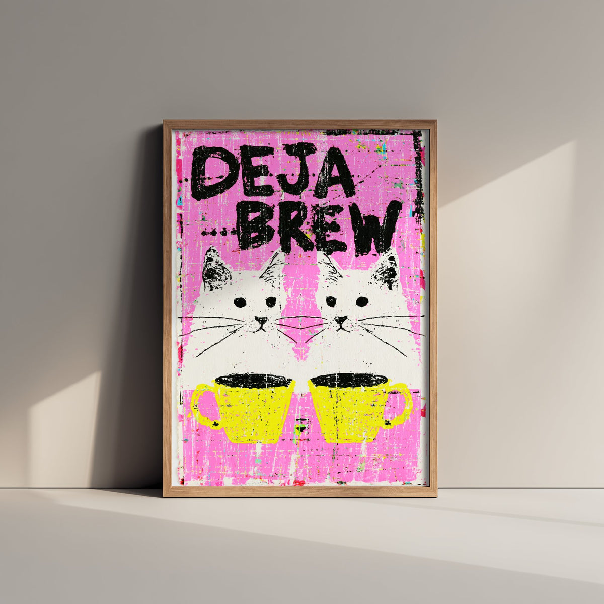 Deja Brew Art Print - Twin Cats and Coffee Mugs Poster - Hot Pink Spot Colour Illustration