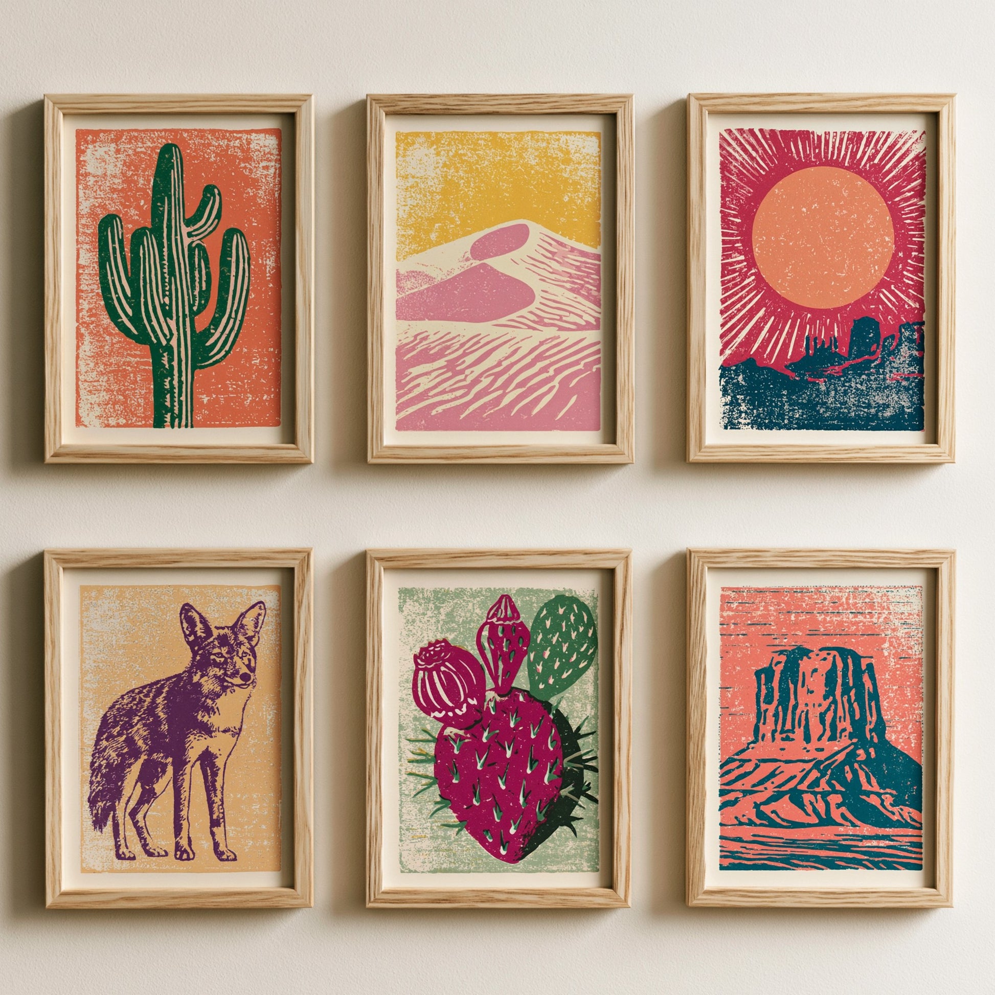 Set of Six Desert Southwest Linocut Art Prints - 6 Illustrations - Saguaro Cactus, Coyote, Prickly Pear, Mesa, Sand Dunes, Sun - Poster