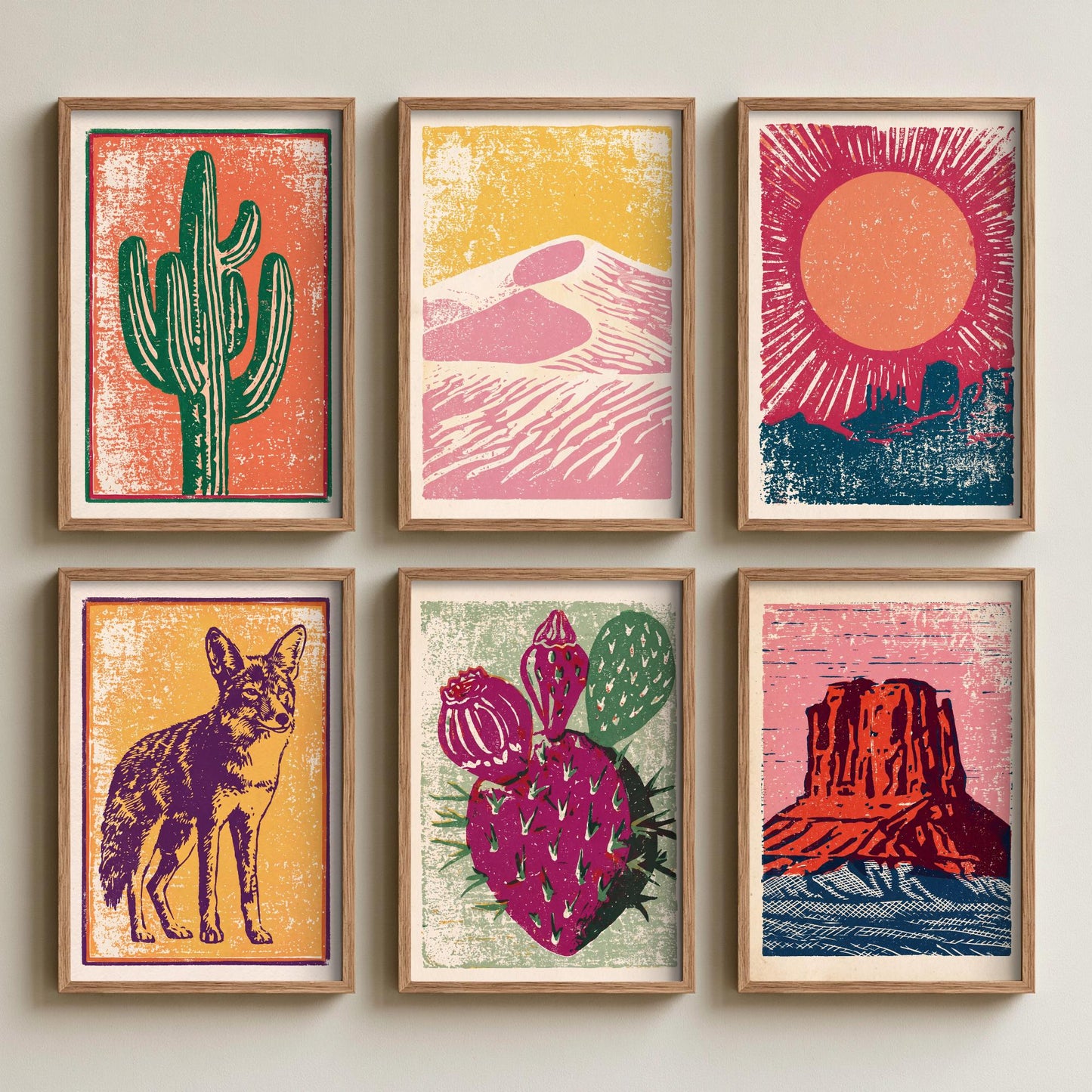 Set of Six Desert Southwest Linocut Art Prints - 6 Illustrations - Saguaro Cactus, Coyote, Prickly Pear, Mesa, Sand Dunes, Sun - Poster